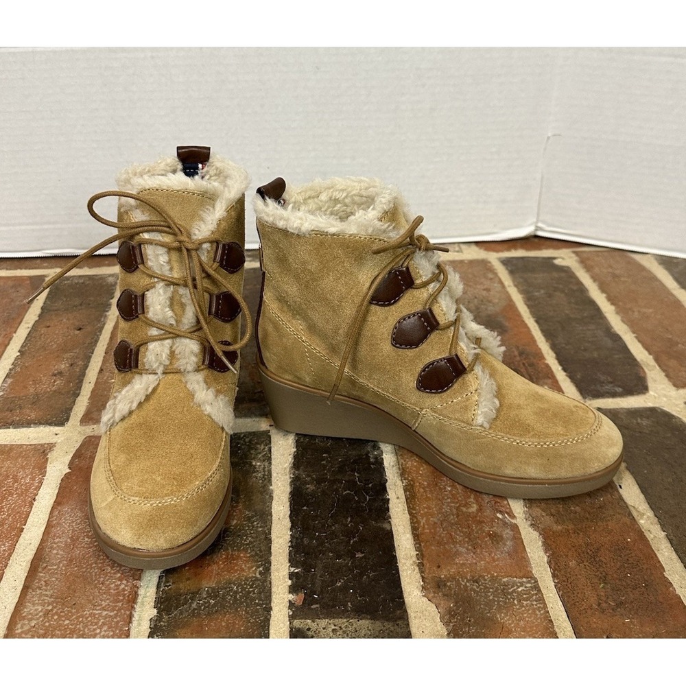 Tommy Hilfiger Tweedan Tan Suede Wedge Lace up Boots size 7 Faux Fur Ankle Boots